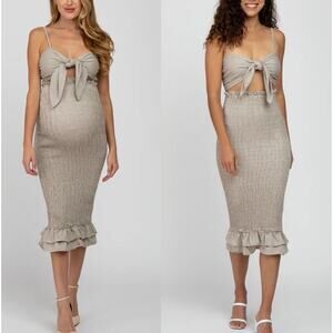 Pinkblush Mable Maternity Gingham Smocked Midi Dress Size M Self-Tie Post Bump